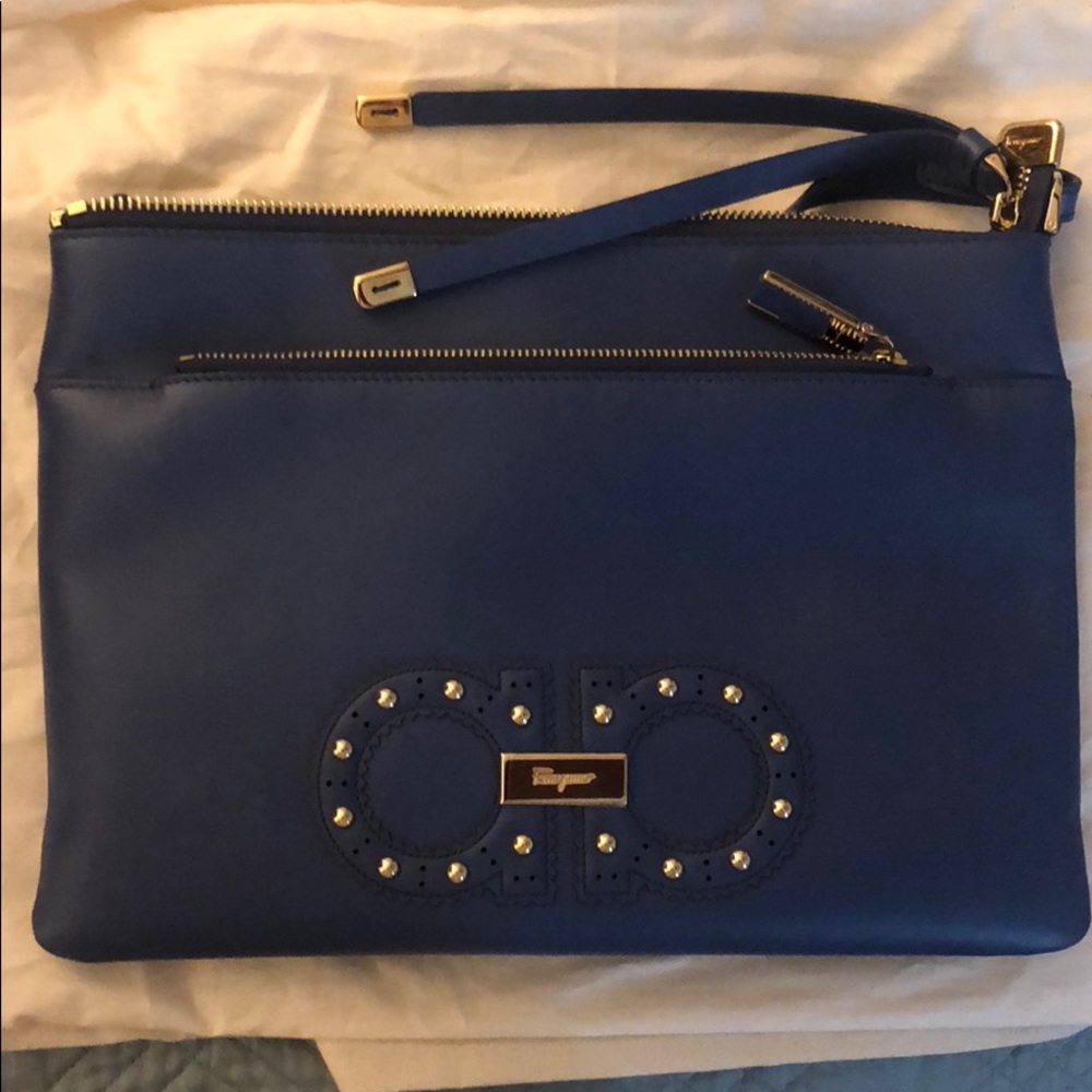 Salvatore Ferragamo Blue Leather Logo Studded Bag
